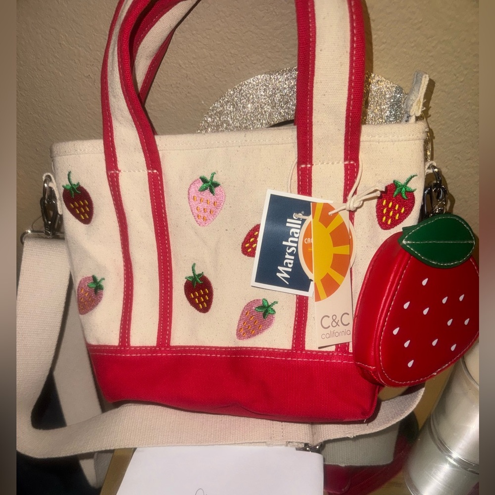 Mini Tote Bag Strawberry Embroidery with Strawberry Pouch & Crossbody Strap